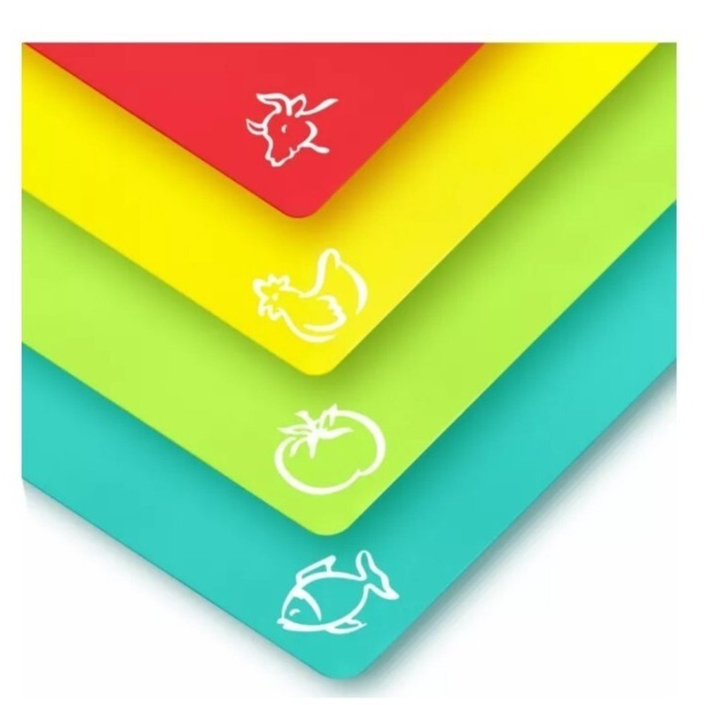 Extra Thick Flexible Plastic Cutting Board Mats with Food Icons Set of 4